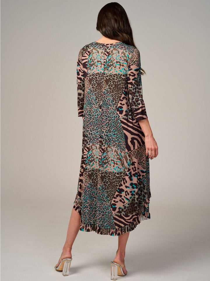 WOMEN'S 3/4 SLEEVE FRONT POCKETS ANIMAL PRINT RUFFLE BOTTOM HEM MAXI DRESS