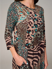 WOMEN'S 3/4 SLEEVE FRONT POCKETS ANIMAL PRINT RUFFLE BOTTOM HEM MAXI DRESS