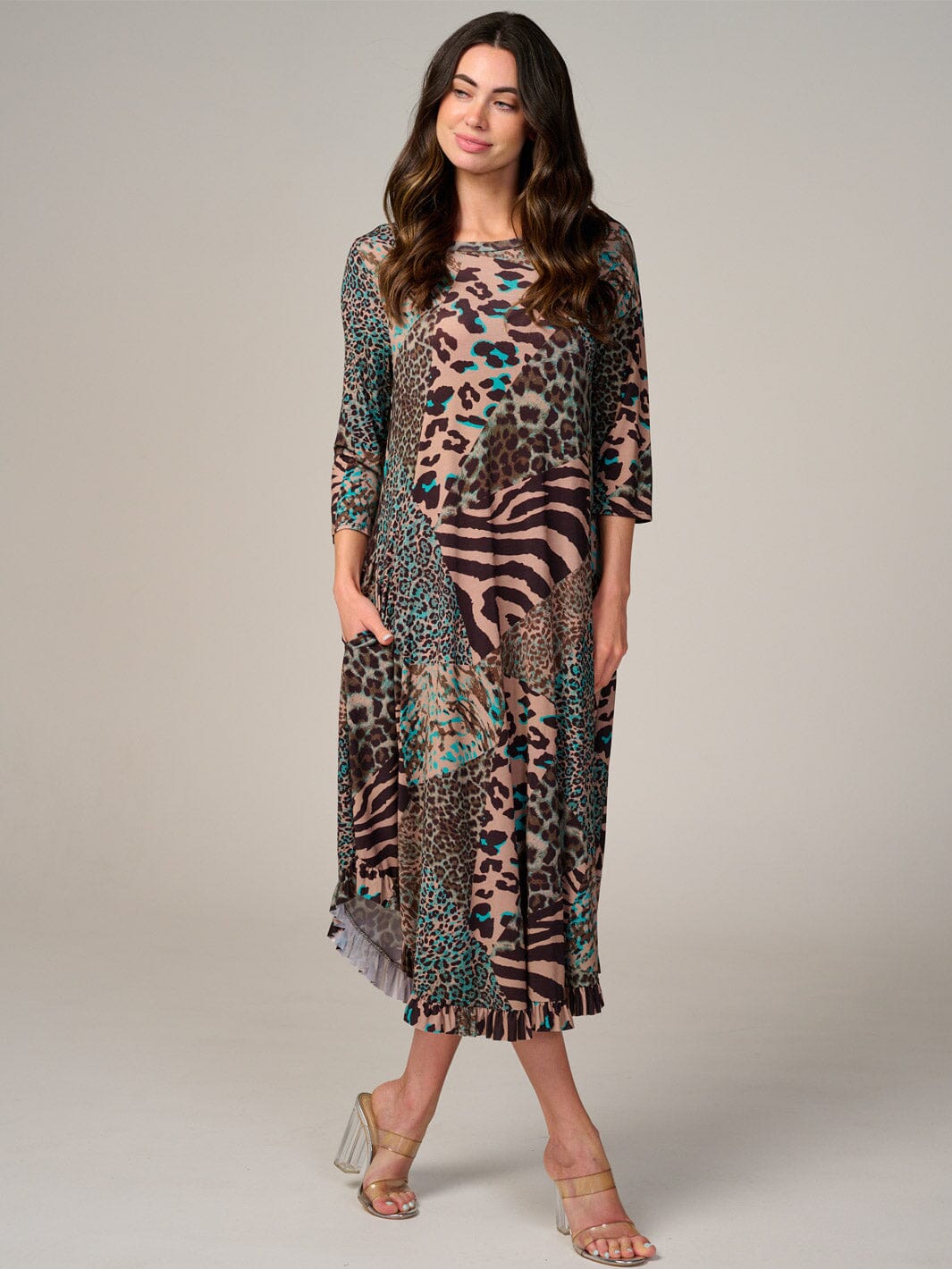 WOMEN'S 3/4 SLEEVE FRONT POCKETS ANIMAL PRINT RUFFLE BOTTOM HEM MAXI DRESS