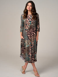 WOMEN'S 3/4 SLEEVE FRONT POCKETS ANIMAL PRINT RUFFLE BOTTOM HEM MAXI DRESS