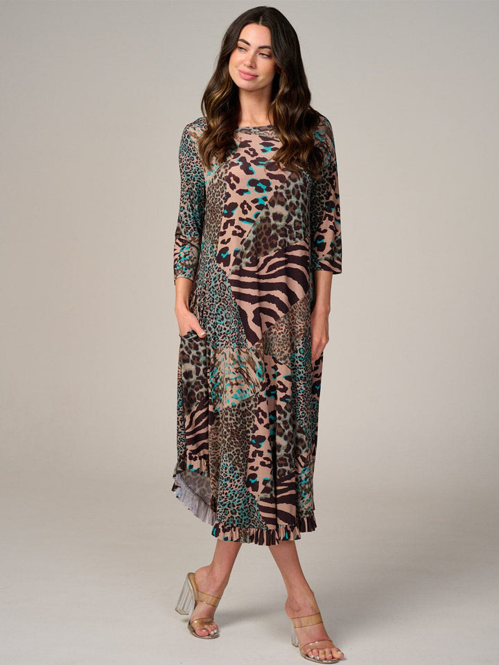 WOMEN'S 3/4 SLEEVE FRONT POCKETS ANIMAL PRINT RUFFLE BOTTOM HEM MAXI DRESS