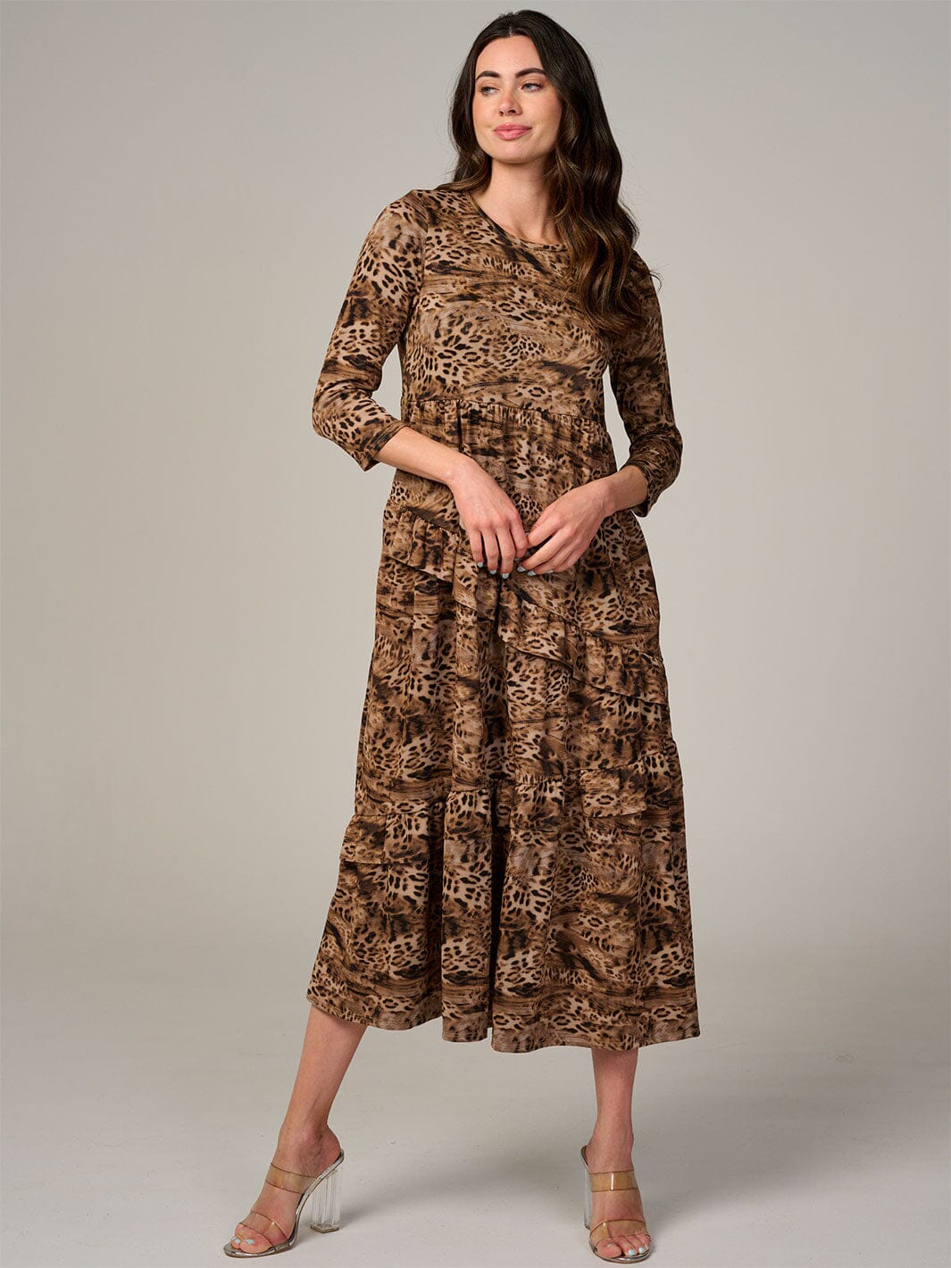 WOMEN'S 3/4 SLEEVE FRONT POCKETS ANIMAL PRINT RUFFLE TIERED MAXI DRESS