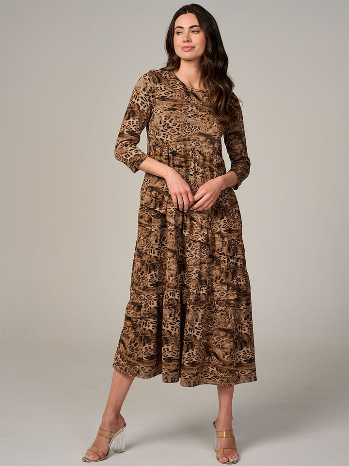 WOMEN'S 3/4 SLEEVE FRONT POCKETS ANIMAL PRINT RUFFLE TIERED MAXI DRESS