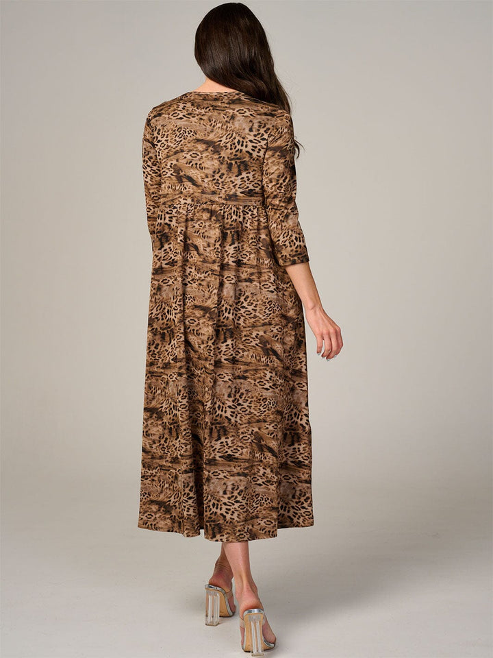 WOMEN'S 3/4 SLEEVE FRONT POCKETS ANIMAL PRINT RUFFLE TIERED MAXI DRESS
