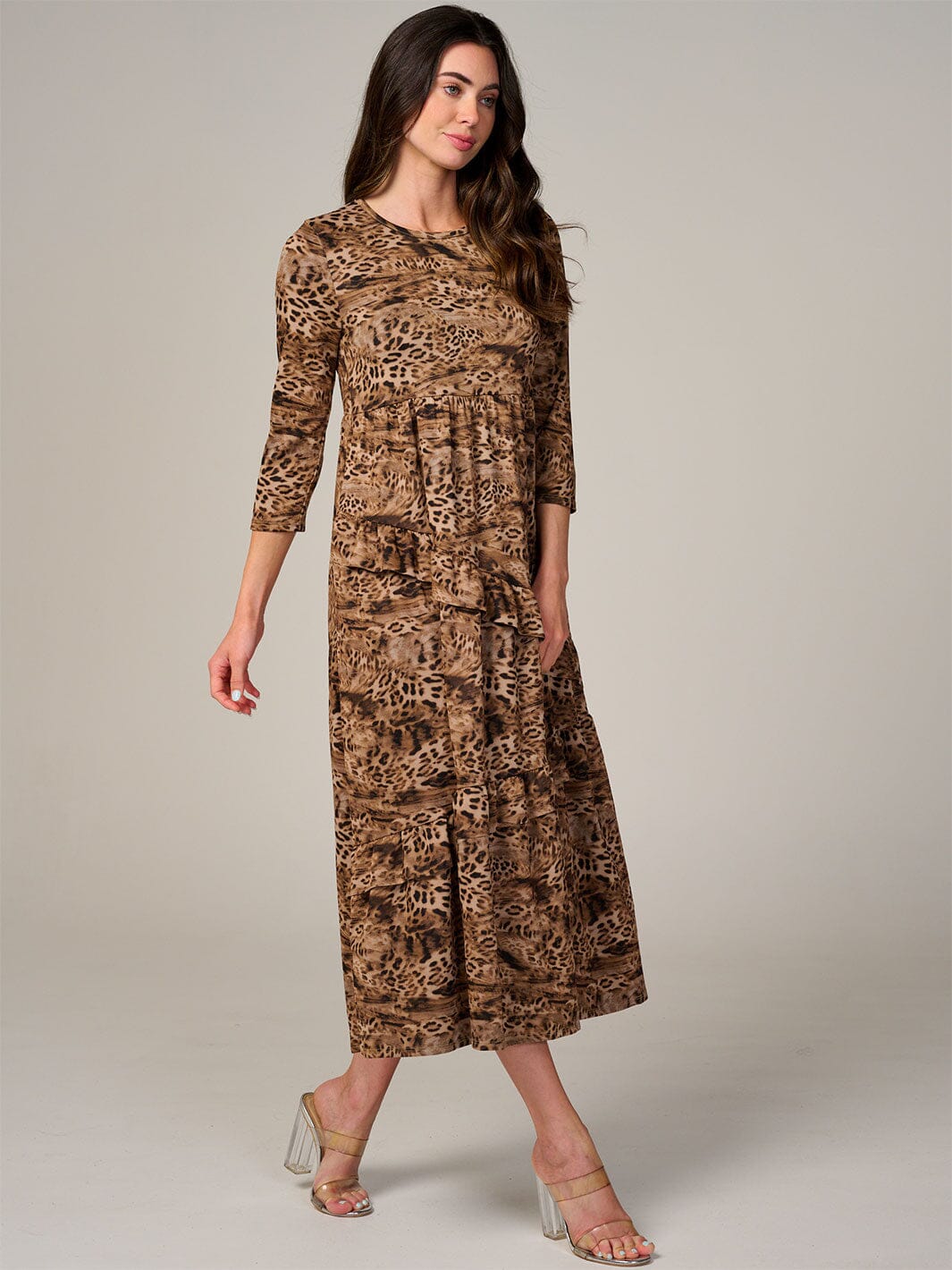 WOMEN'S 3/4 SLEEVE FRONT POCKETS ANIMAL PRINT RUFFLE TIERED MAXI DRESS