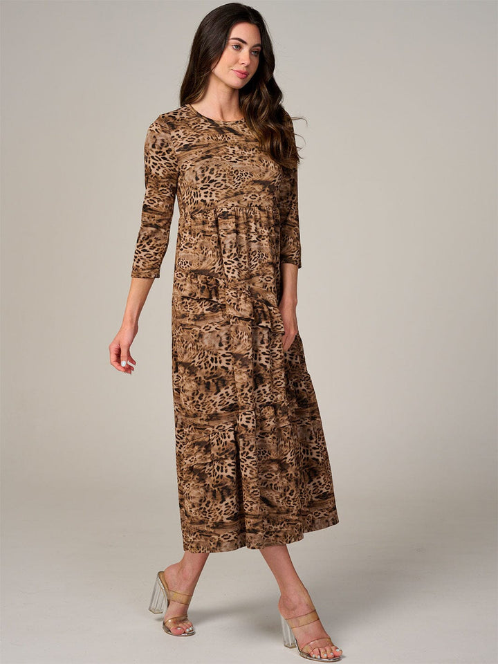 WOMEN'S 3/4 SLEEVE FRONT POCKETS ANIMAL PRINT RUFFLE TIERED MAXI DRESS