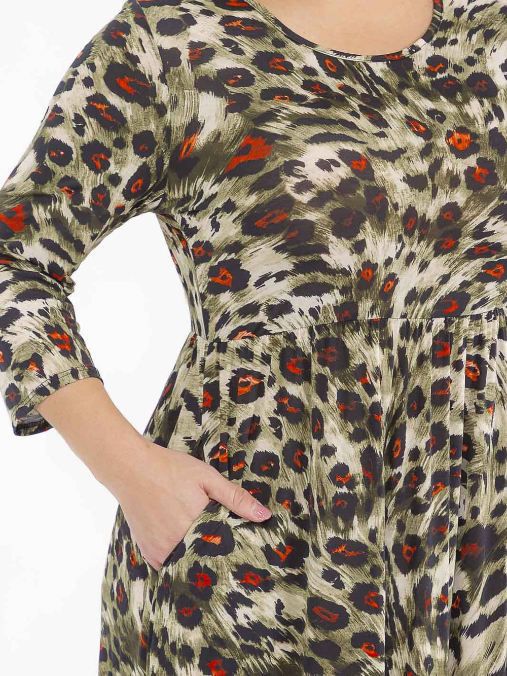 PLUS SIZE 3/4 SLEEVE FRONT POCKETS ANIMAL PRINT MAXI DRESS