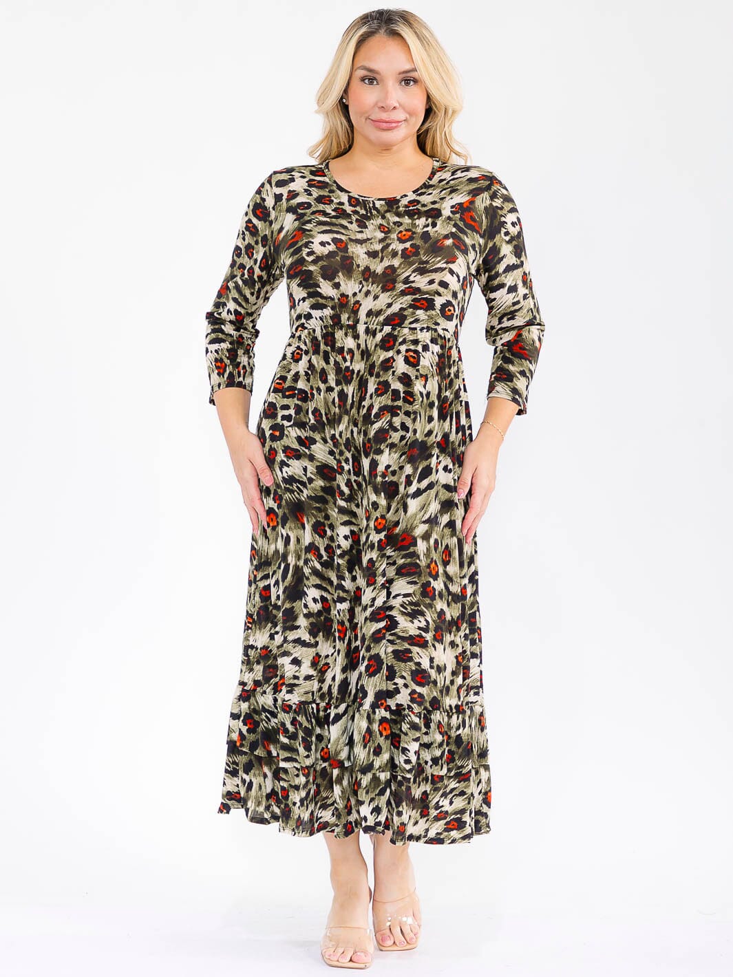 PLUS SIZE 3/4 SLEEVE FRONT POCKETS ANIMAL PRINT MAXI DRESS