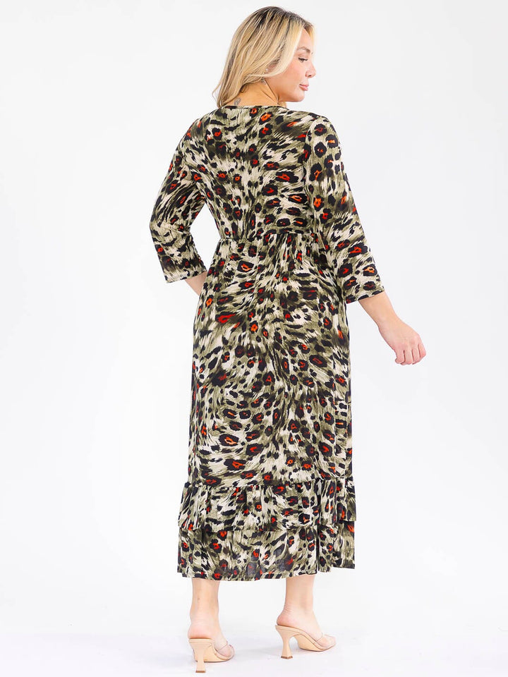 PLUS SIZE 3/4 SLEEVE FRONT POCKETS ANIMAL PRINT MAXI DRESS