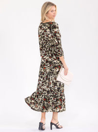 WOMEN'S 3/4 SLEEVE FRONT POCKETS ANIMAL PRINT MAXI DRESS