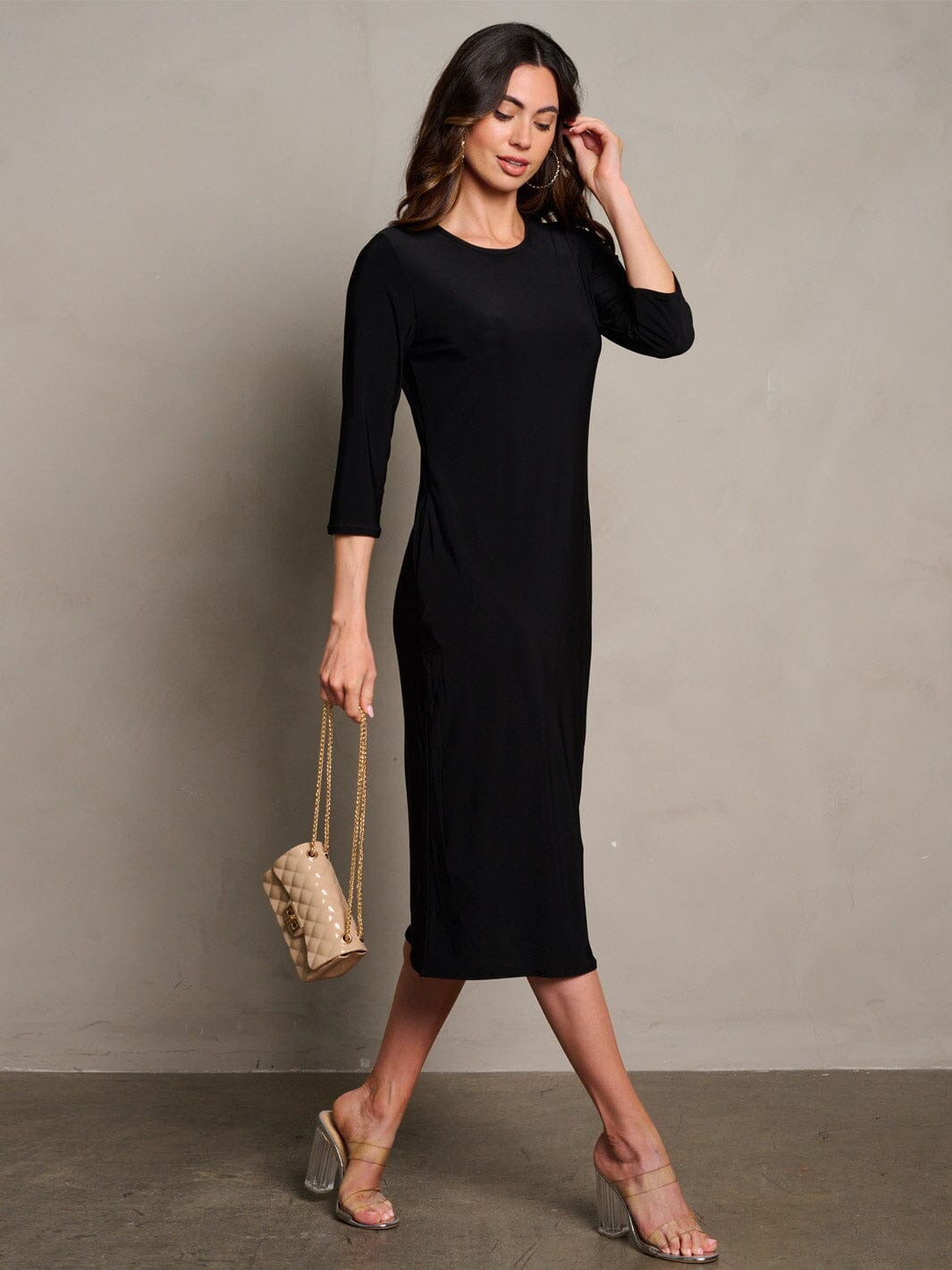 WOMEN'S 3/4 SLEEVES POCKETS SOLID MIDI DRESS