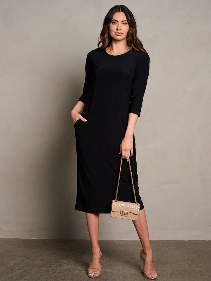 WOMEN'S 3/4 SLEEVES POCKETS SOLID MIDI DRESS