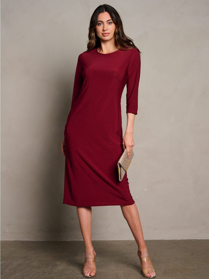 WOMEN'S 3/4 SLEEVES POCKETS SOLID MIDI DRESS