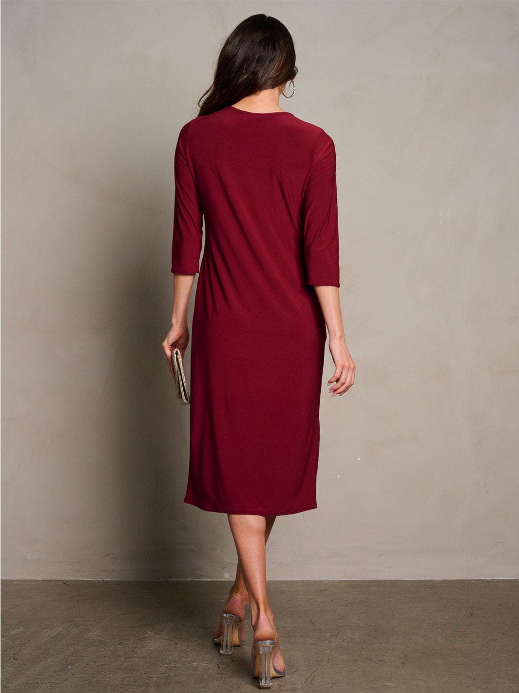 WOMEN'S 3/4 SLEEVES POCKETS SOLID MIDI DRESS