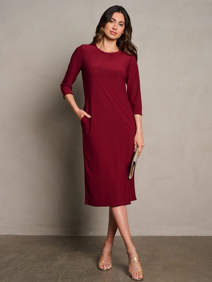 WOMEN'S 3/4 SLEEVES POCKETS SOLID MIDI DRESS