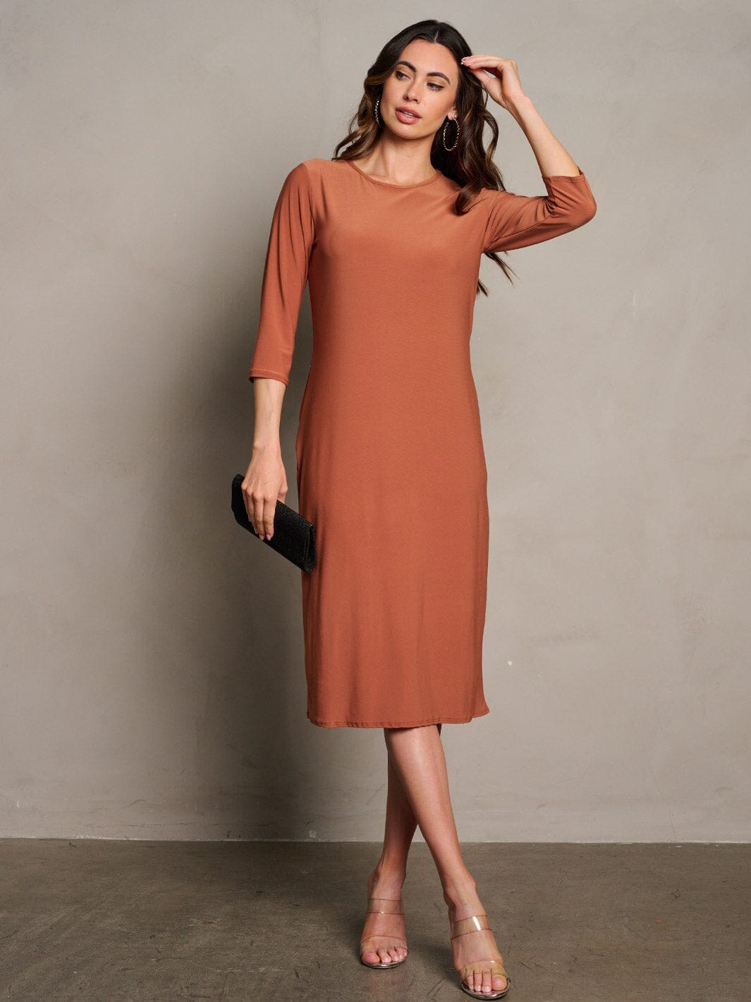 WOMEN'S 3/4 SLEEVES POCKETS SOLID MIDI DRESS