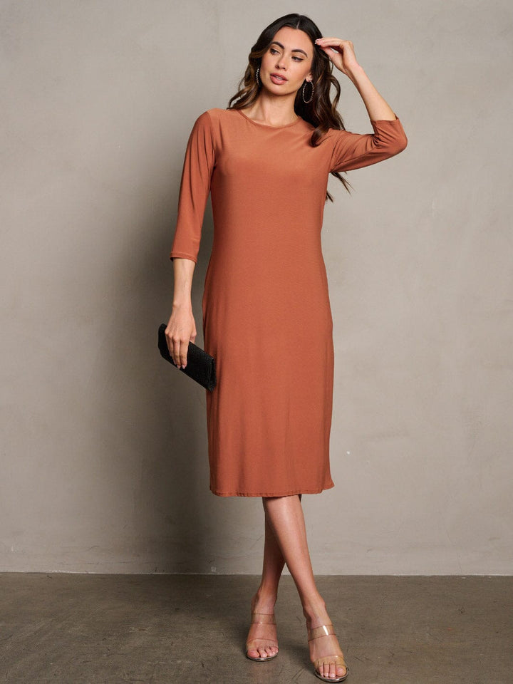 WOMEN'S 3/4 SLEEVES POCKETS SOLID MIDI DRESS
