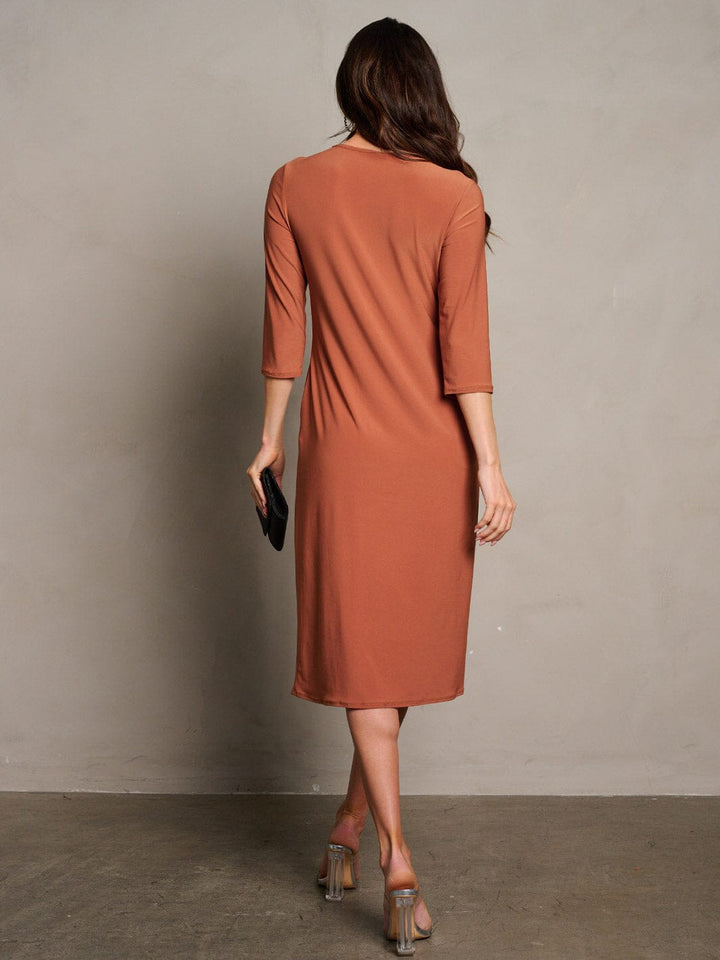WOMEN'S 3/4 SLEEVES POCKETS SOLID MIDI DRESS