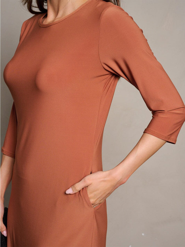 WOMEN'S 3/4 SLEEVES POCKETS SOLID MIDI DRESS