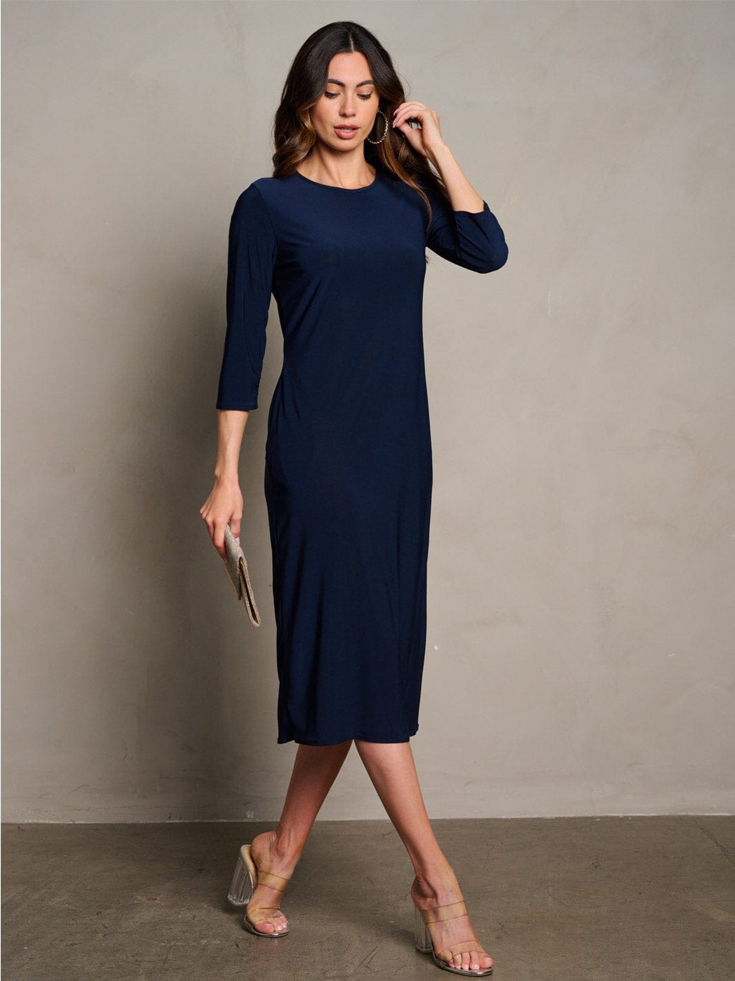 WOMEN'S 3/4 SLEEVES POCKETS SOLID MIDI DRESS