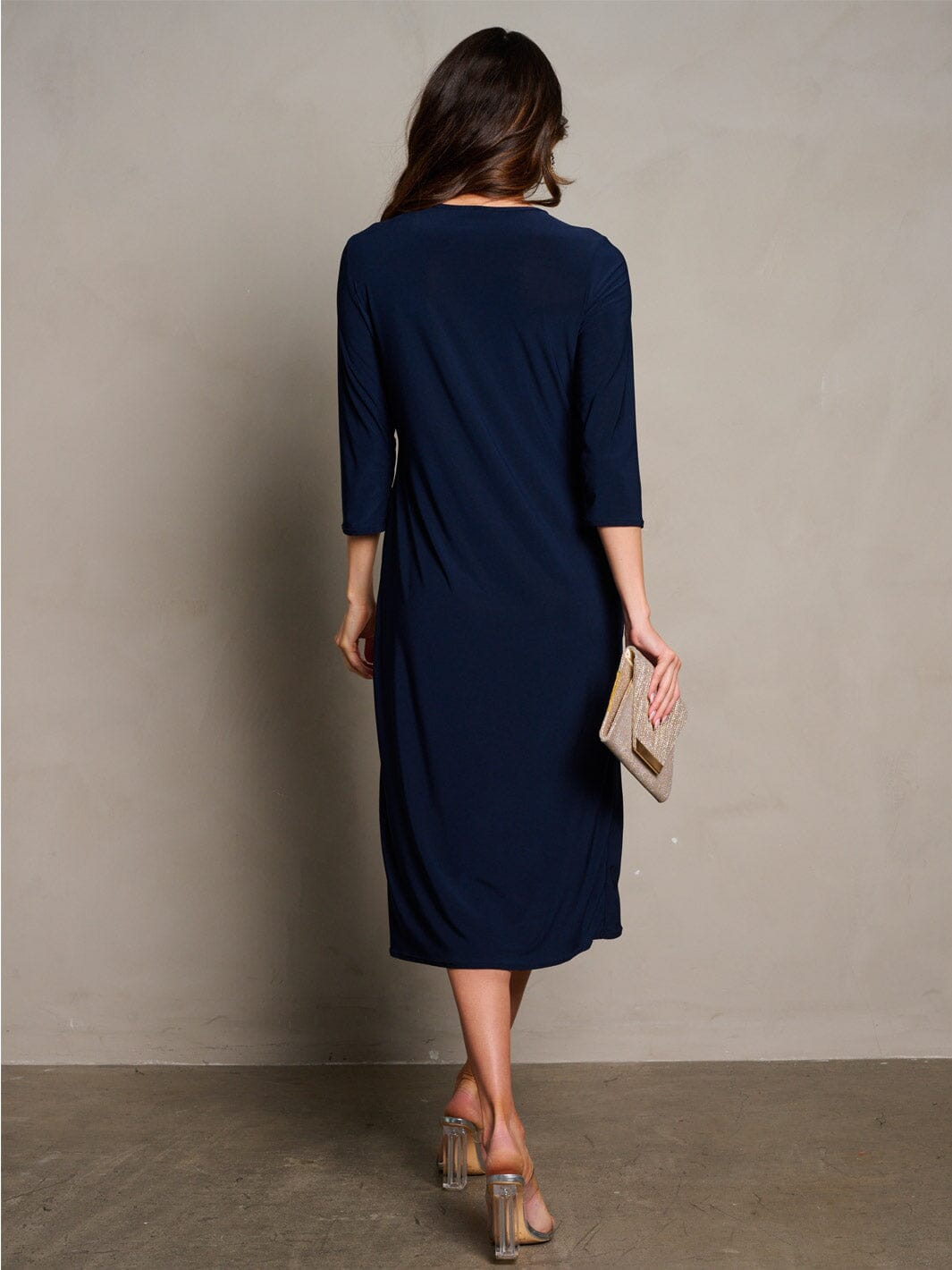 WOMEN'S 3/4 SLEEVES POCKETS SOLID MIDI DRESS