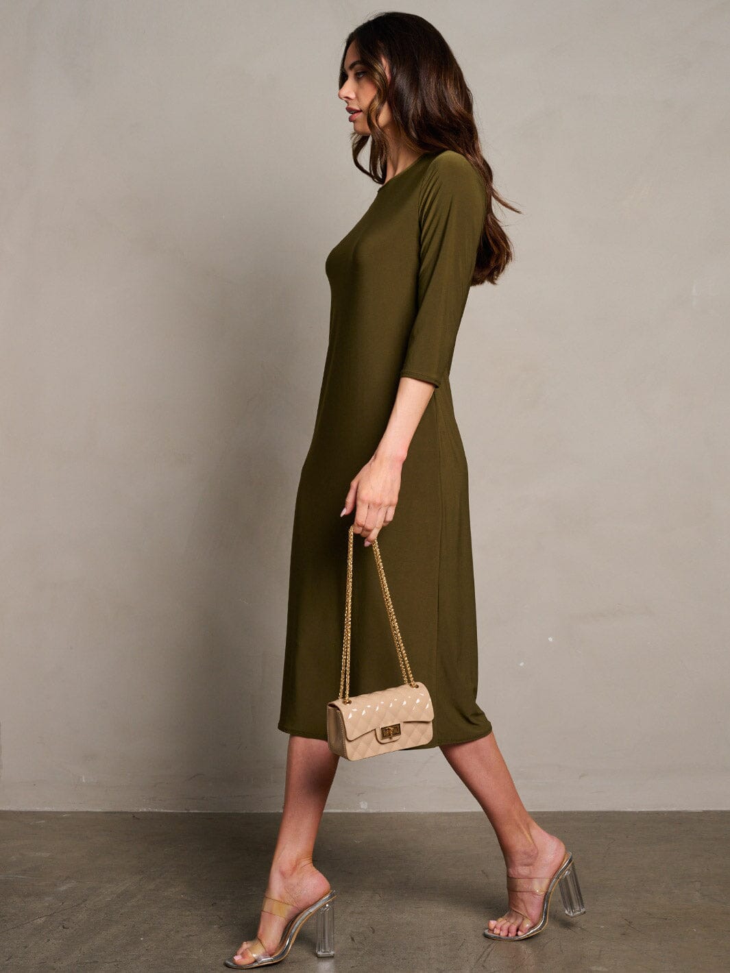 WOMEN'S 3/4 SLEEVES POCKETS SOLID MIDI DRESS