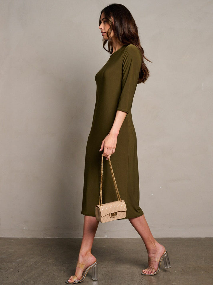 WOMEN'S 3/4 SLEEVES POCKETS SOLID MIDI DRESS