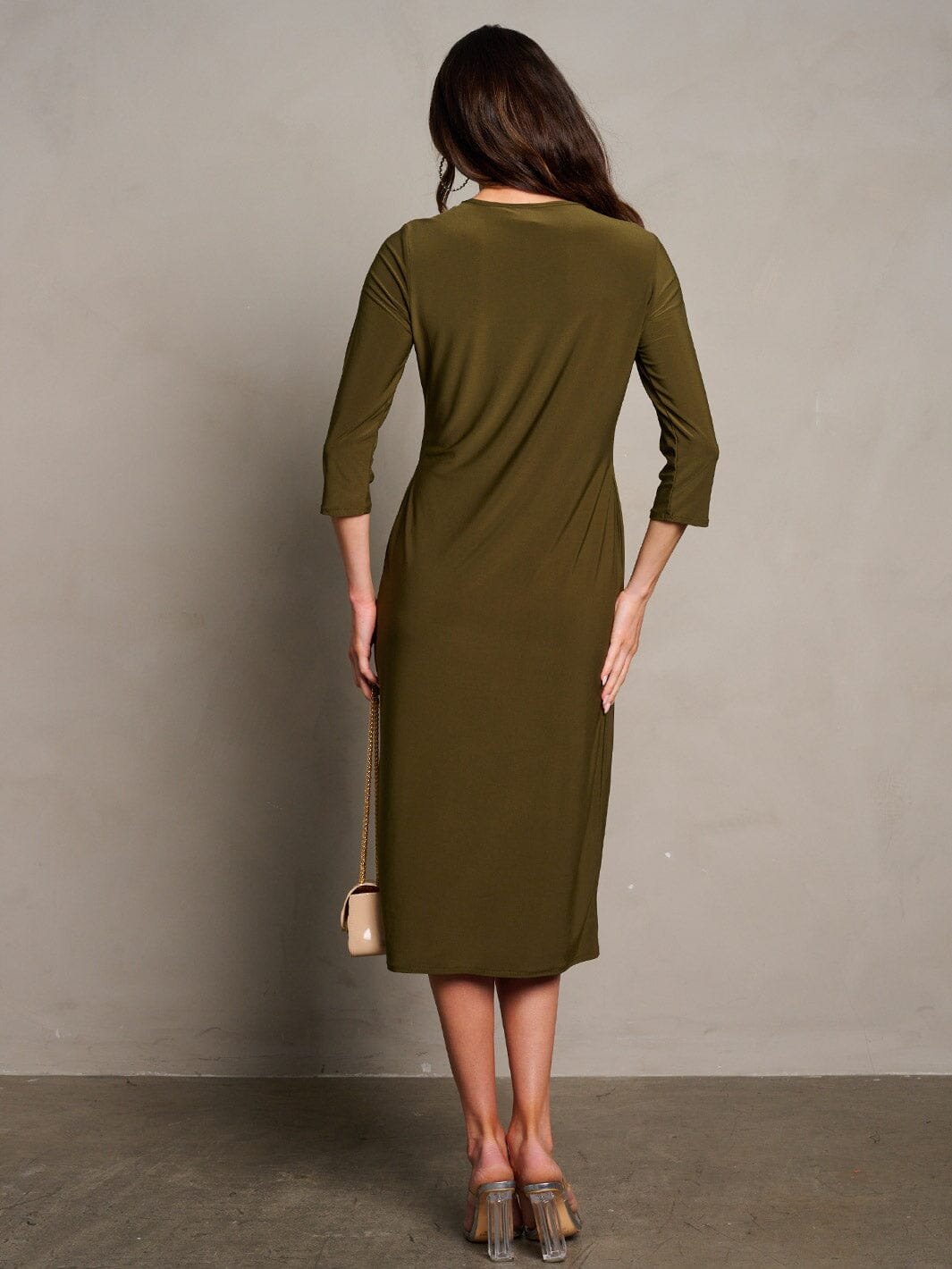 WOMEN'S 3/4 SLEEVES POCKETS SOLID MIDI DRESS