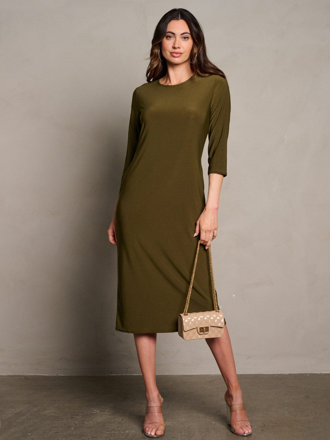 WOMEN'S 3/4 SLEEVES POCKETS SOLID MIDI DRESS