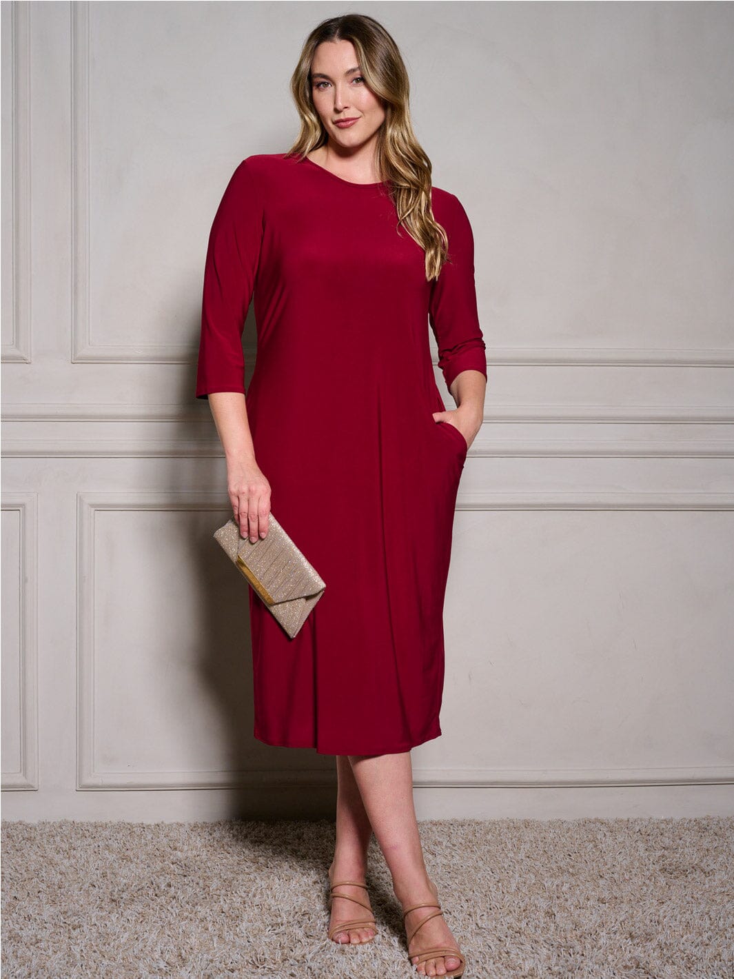 PLUS SIZE 3/4 SLEEVE POCKETS BODYCON SOLID MIDI DRESS