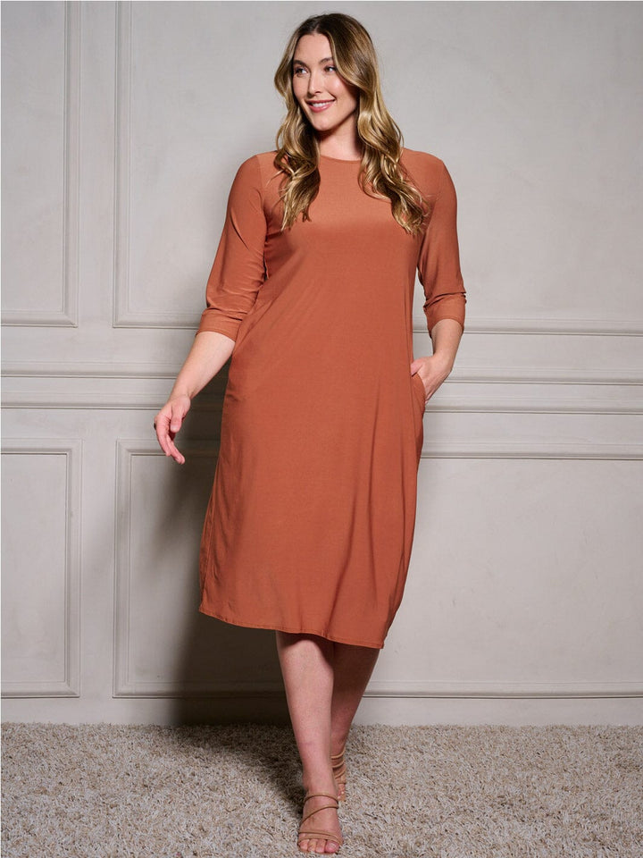 PLUS SIZE 3/4 SLEEVE POCKETS BODYCON SOLID MIDI DRESS