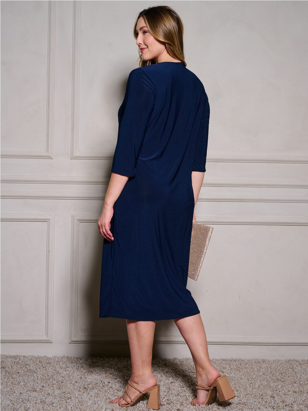 PLUS SIZE 3/4 SLEEVE POCKETS BODYCON SOLID MIDI DRESS