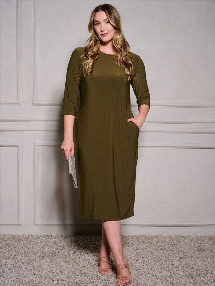 PLUS SIZE 3/4 SLEEVE POCKETS BODYCON SOLID MIDI DRESS