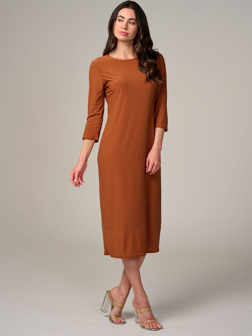 PLUS SIZE 3/4 SLEEVE SOLID MIDI DRESS