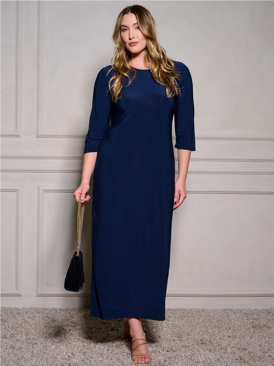 PLUS SIZE 3/4 SLEEVE BODYCON SOLID MAXI DRESS