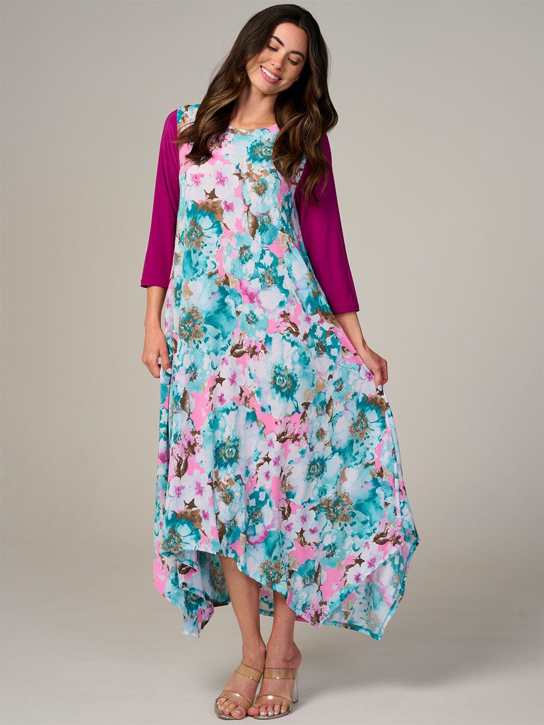 PLUS SIZE 3/4 SLEEVE FRONT POCKETS FLORAL HIGH-LOW MAXI DRESS