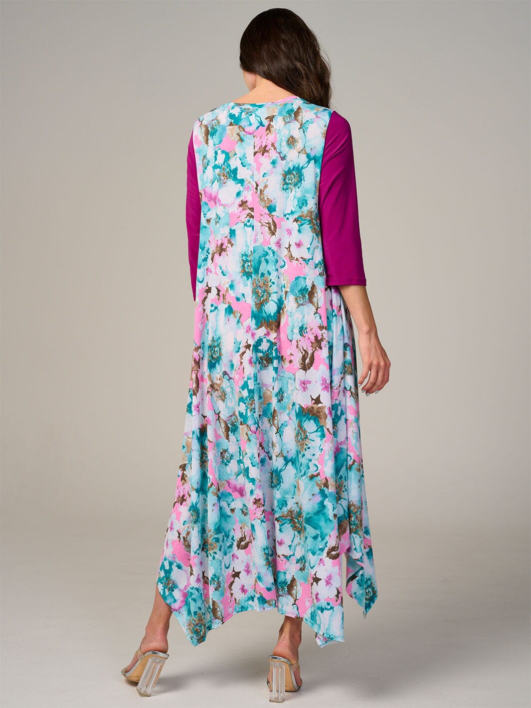 PLUS SIZE 3/4 SLEEVE FRONT POCKETS FLORAL HIGH-LOW MAXI DRESS