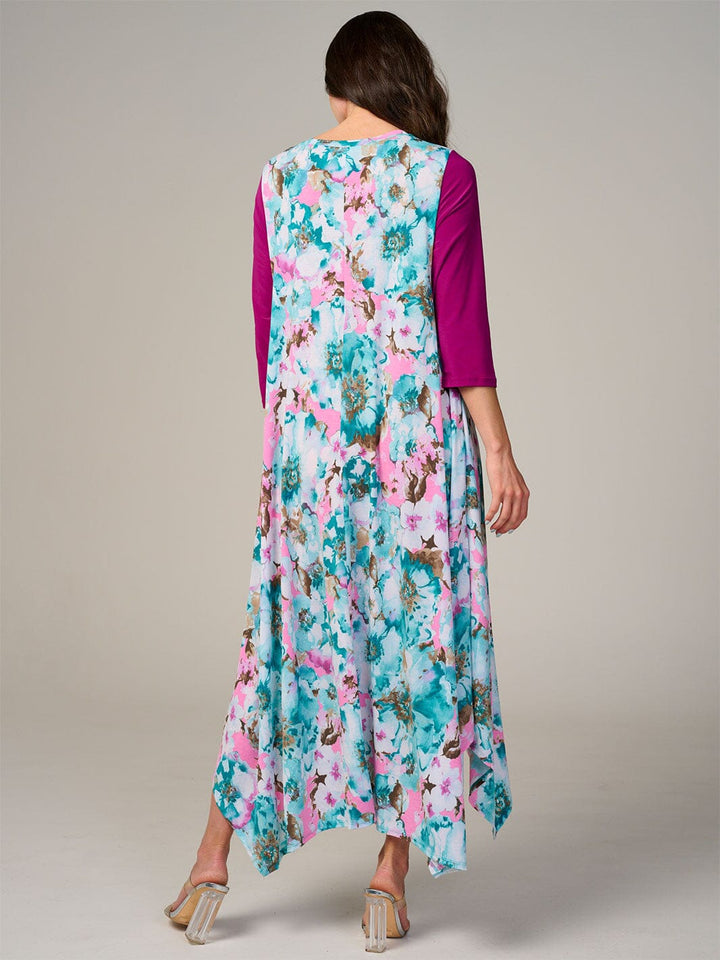 PLUS SIZE 3/4 SLEEVE FRONT POCKETS FLORAL HIGH-LOW MAXI DRESS