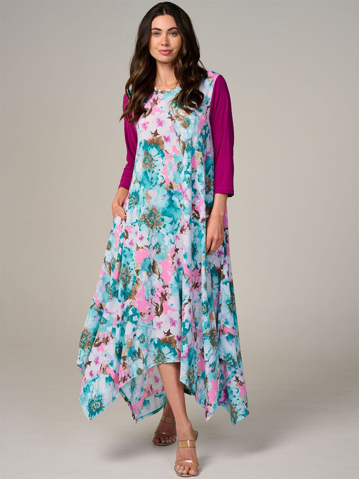 PLUS SIZE 3/4 SLEEVE FRONT POCKETS FLORAL HIGH-LOW MAXI DRESS