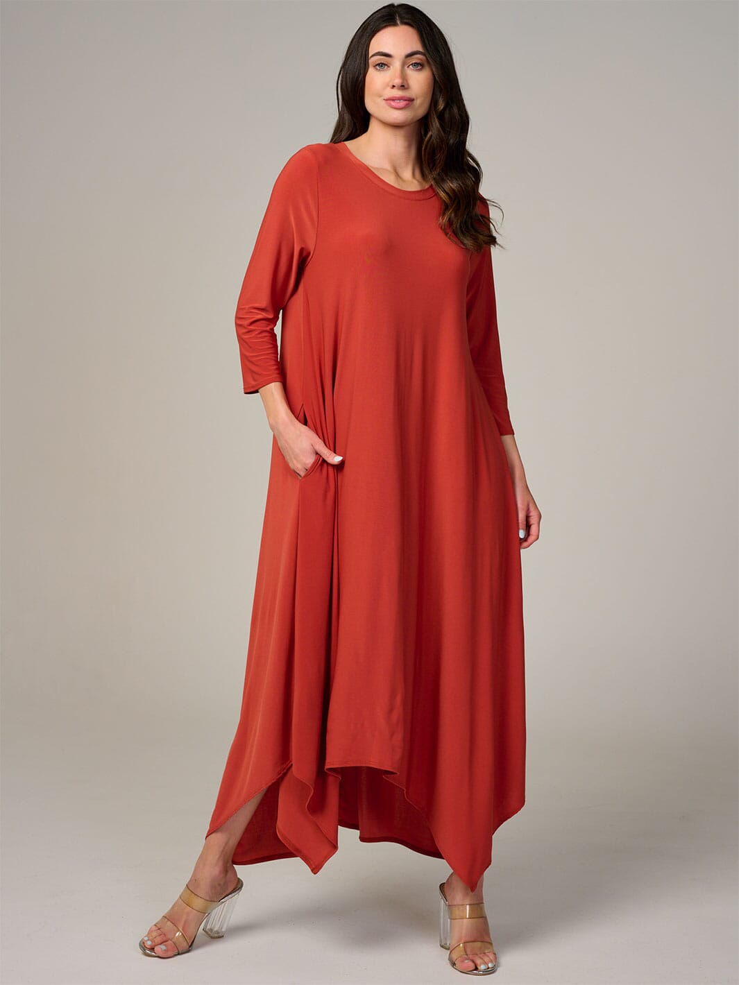 WOMEN'S 3/4 SLEEVE FRONT POCKETS HIGH-LOW MAXI DRESS