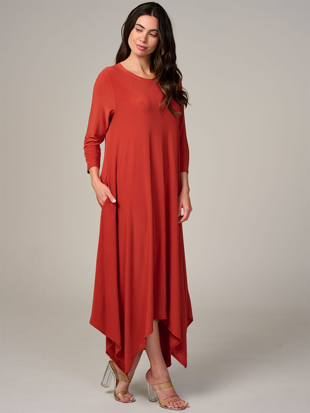 WOMEN'S 3/4 SLEEVE FRONT POCKETS HIGH-LOW MAXI DRESS