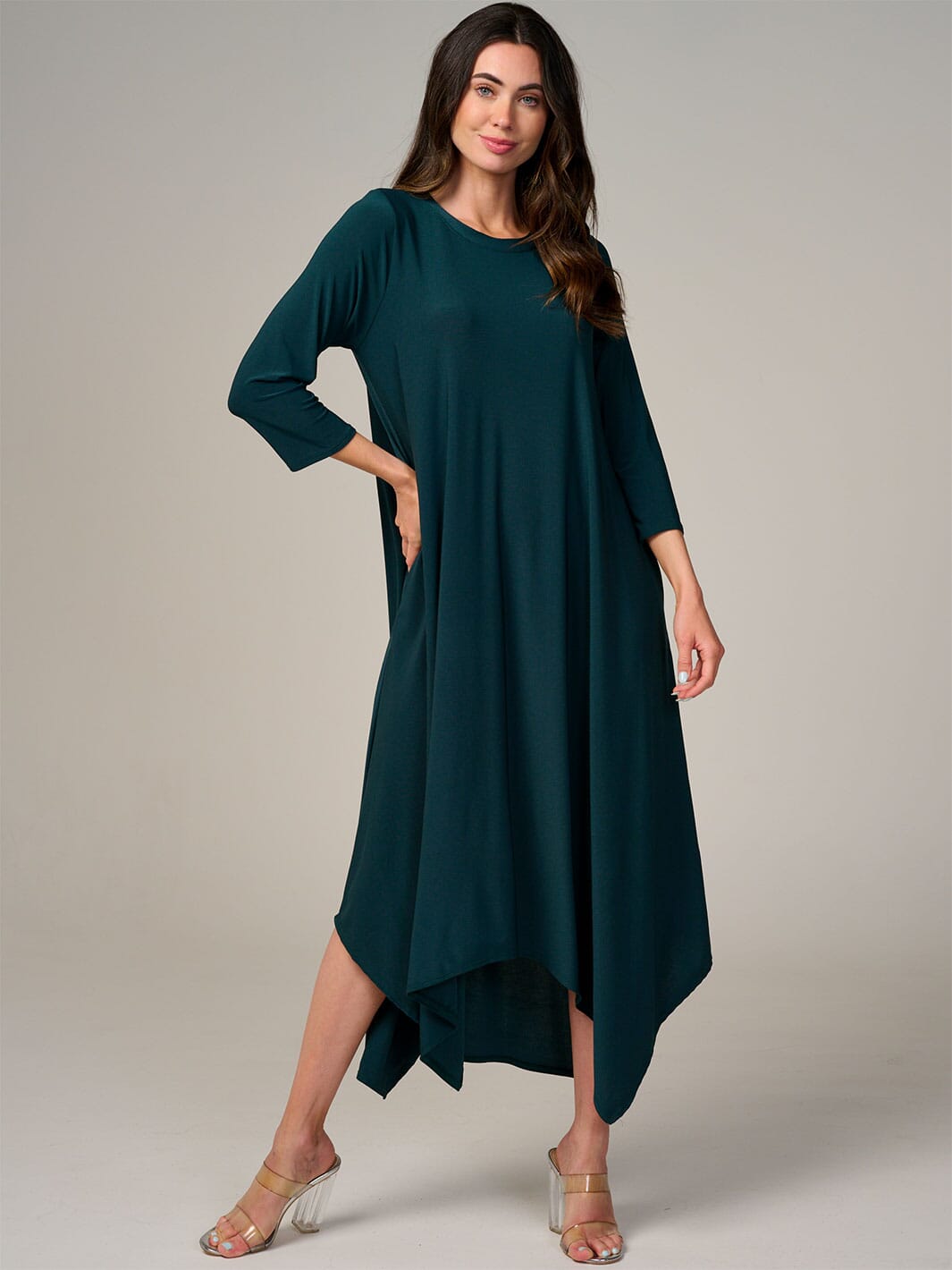 WOMEN'S 3/4 SLEEVE FRONT POCKETS HIGH-LOW MAXI DRESS