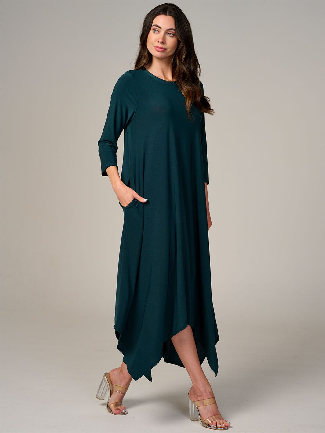 WOMEN'S 3/4 SLEEVE FRONT POCKETS HIGH-LOW MAXI DRESS