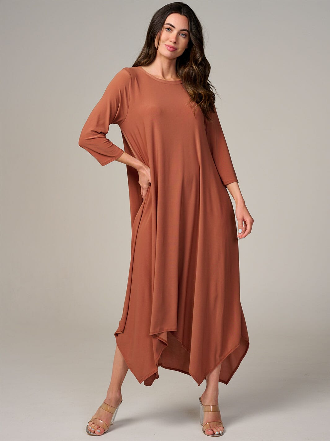 WOMEN'S 3/4 SLEEVE FRONT POCKETS HIGH-LOW MAXI DRESS