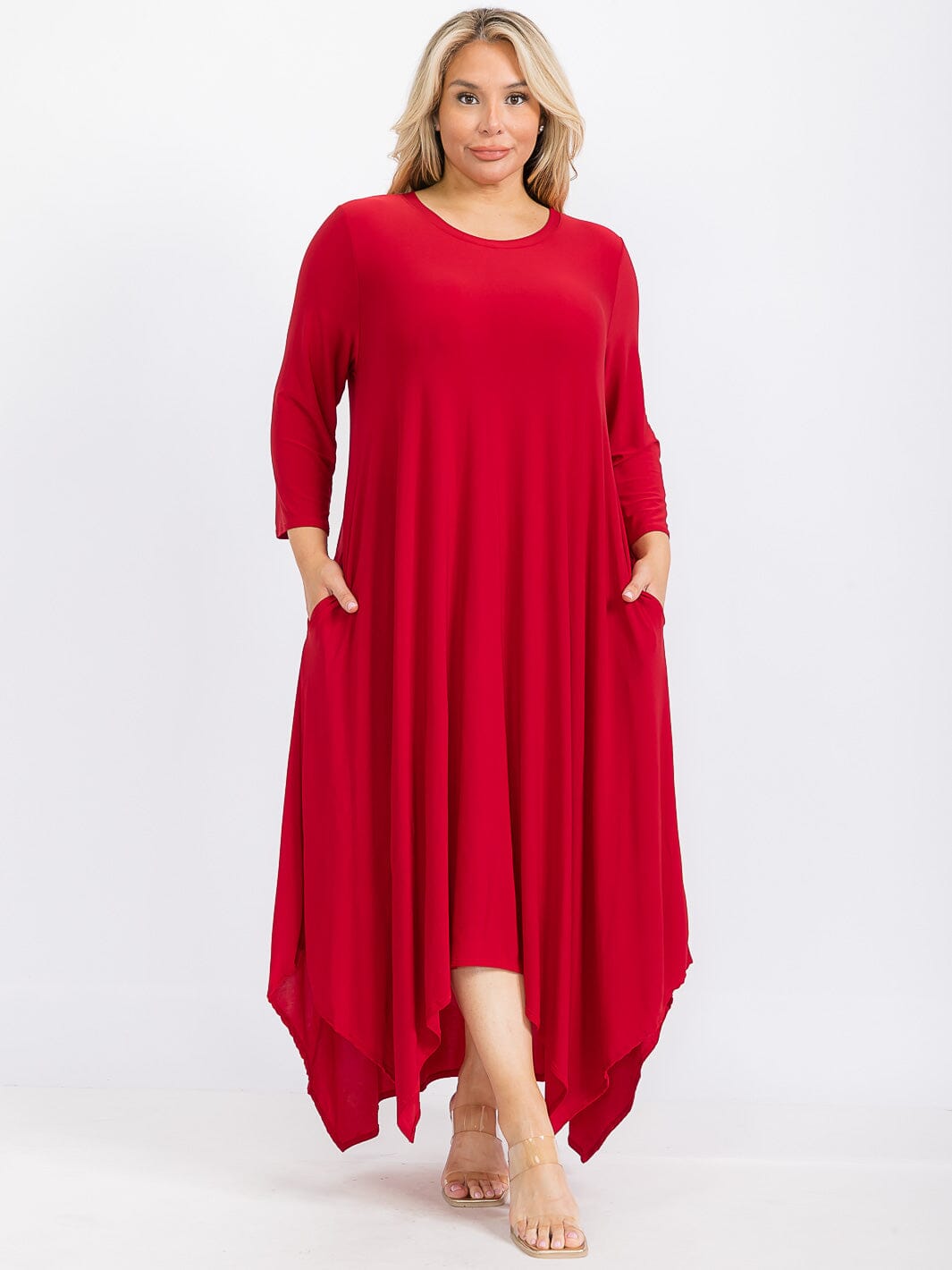 PLUS SIZE 3/4 SLEEVE FRONT POCKETS HIGH-LOW MAXI DRESS