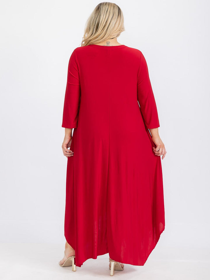 PLUS SIZE 3/4 SLEEVE FRONT POCKETS HIGH-LOW MAXI DRESS