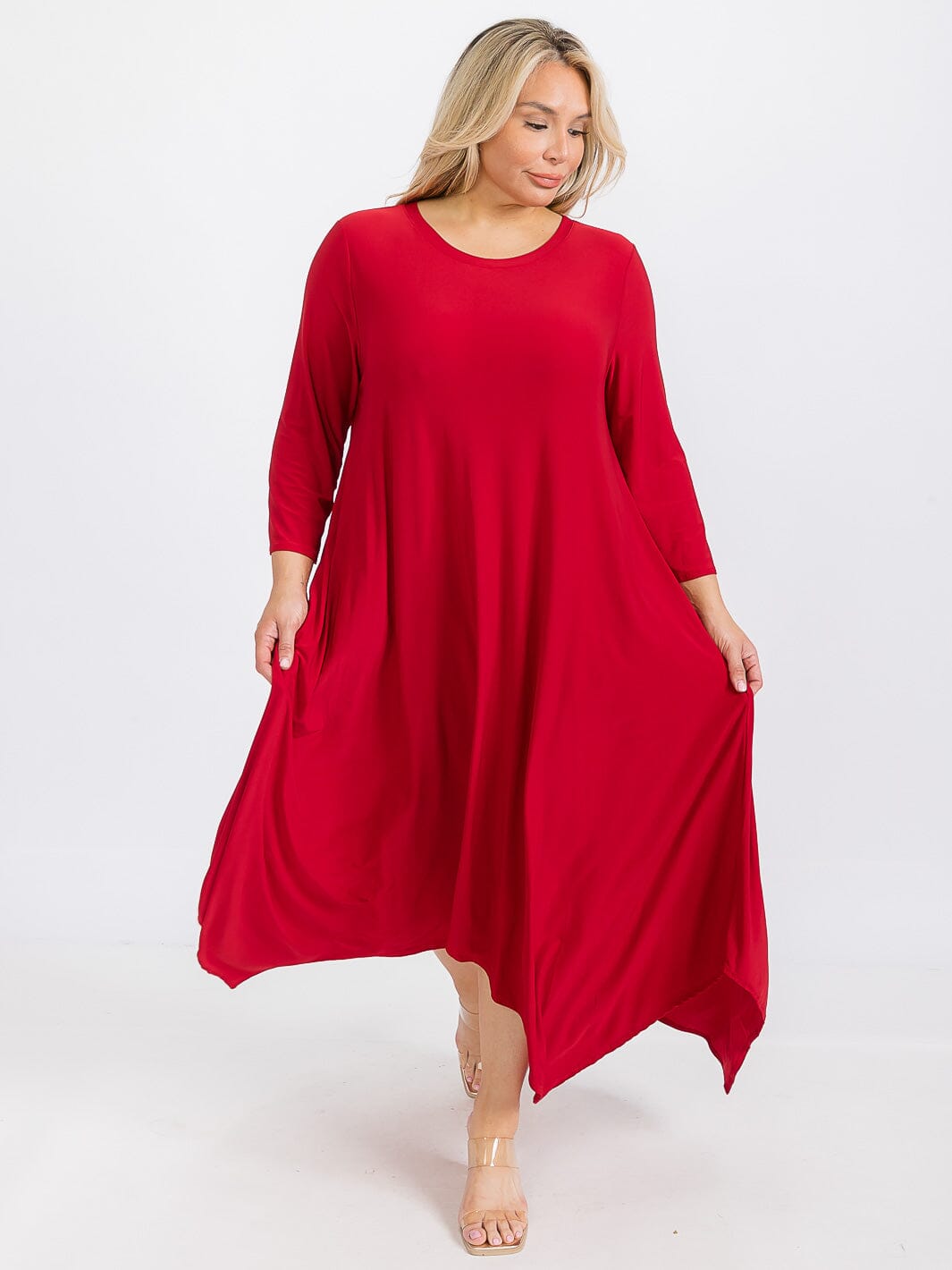 PLUS SIZE 3/4 SLEEVE FRONT POCKETS HIGH-LOW MAXI DRESS