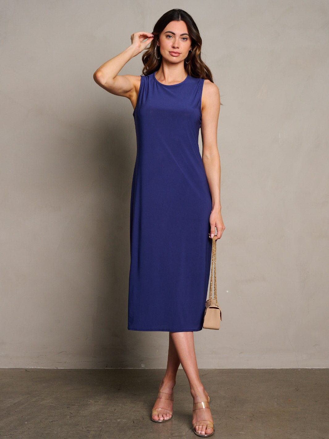 WOMEN'S SLEEVELESS POCKETS SOLID MIDI DRESS