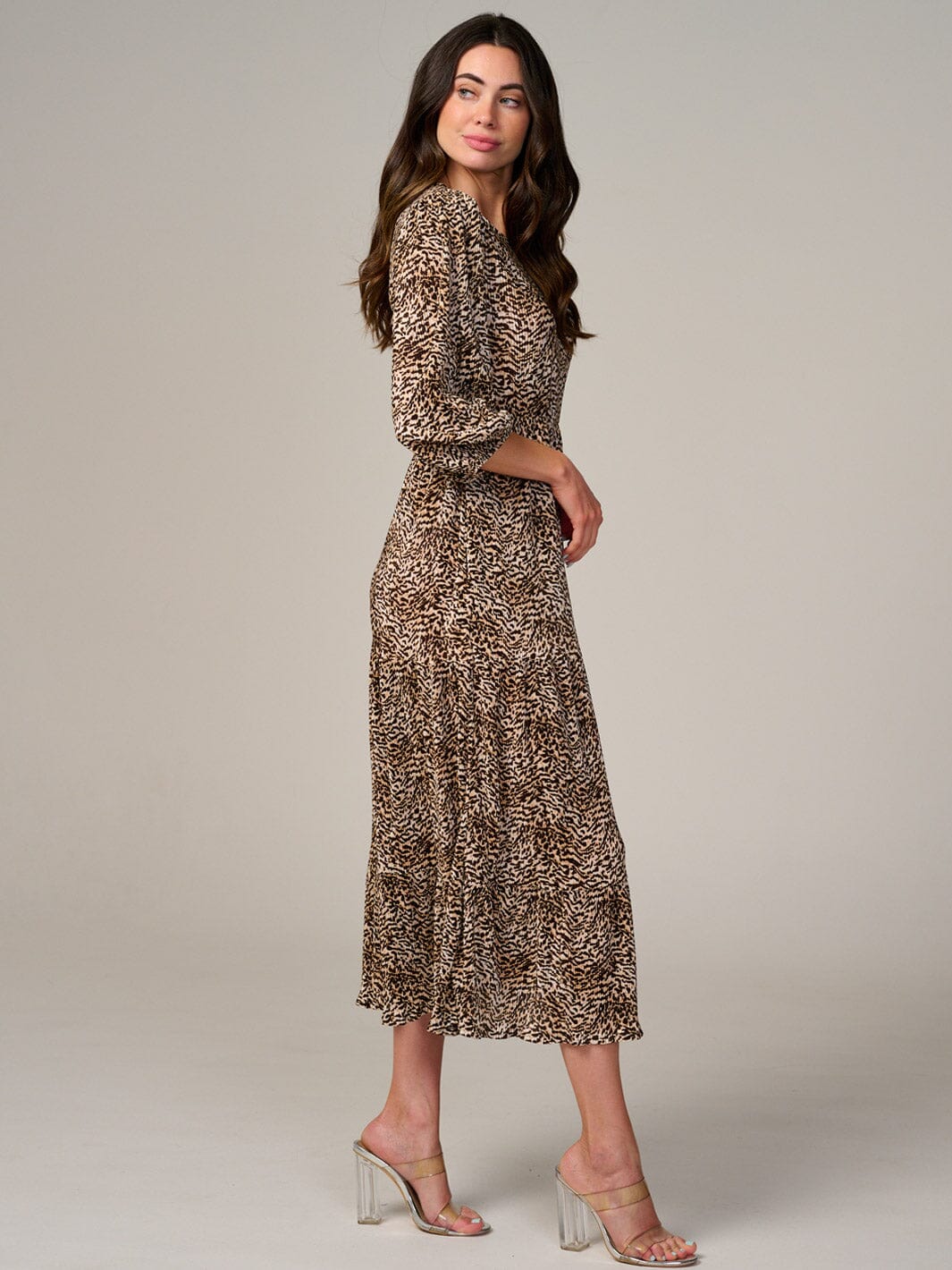 WOMEN'S LONG SLEEVE FRONT POCKETS ELASTIC WAIST ANIMAL PRINT MAXI DRESS