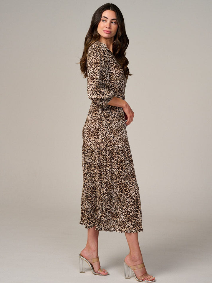 WOMEN'S LONG SLEEVE FRONT POCKETS ELASTIC WAIST ANIMAL PRINT MAXI DRESS